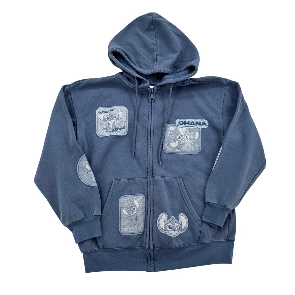 Disney Stitch Zip Hoodie Women M Blue Good Ohana Graphic Patch Sweatshirt